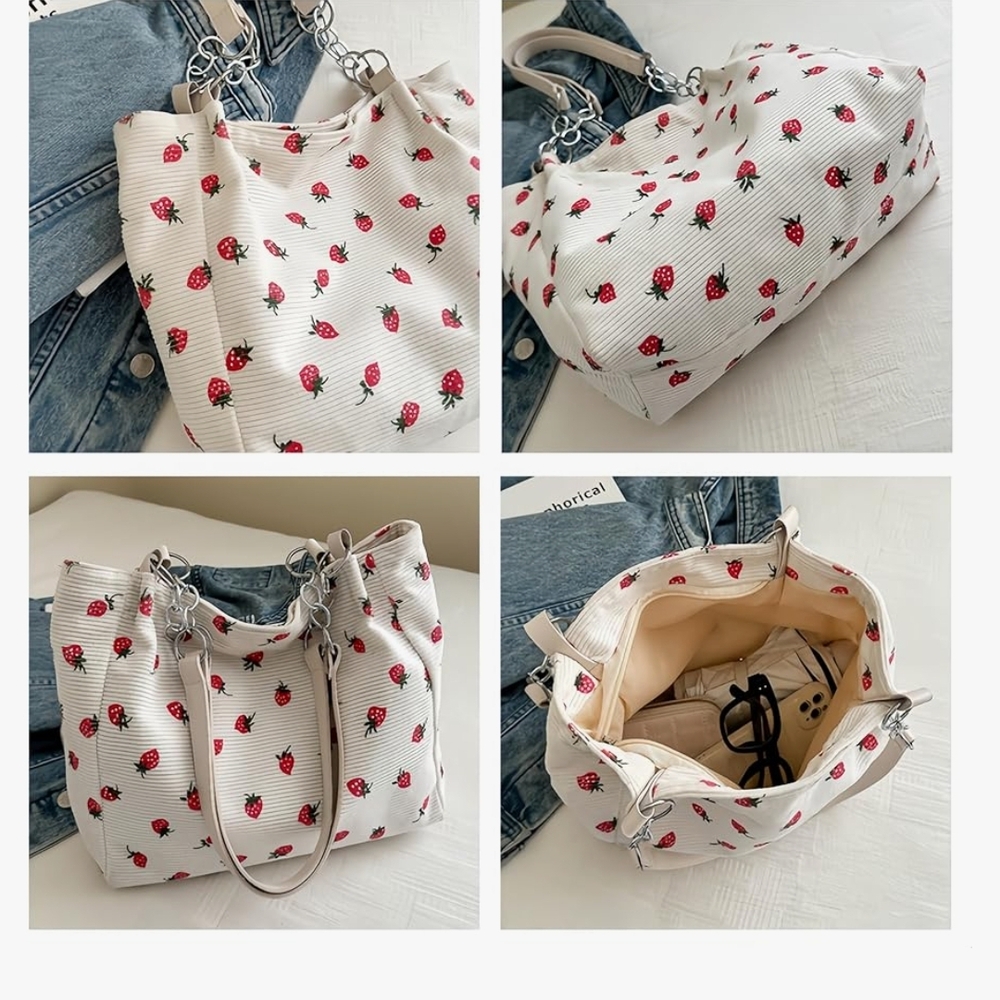 Strawberry Print Tote Bag - Cream and Red - Picture 5 of 8